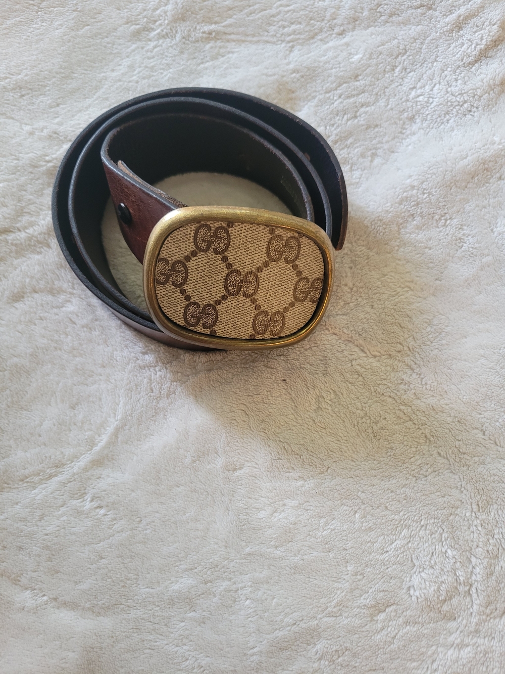 GG Brown Genuine Leather Belt with Beige Brass Gold Tone Buckle